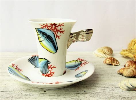 Shells Red Coral And Platinum Hand Painted Espresso Cup Custom Shell