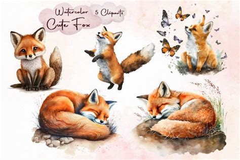 8 Watercolor Cute Fox Cliparts Bundle Designs And Graphics
