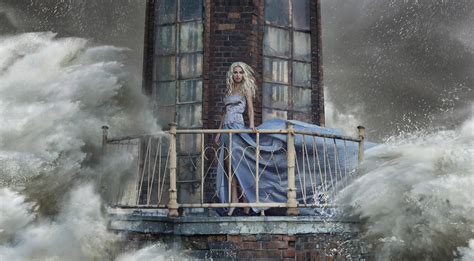 Girl Dress Lighthouse Storm Wave Splash Sea Ocean Storm Drops Blonde Situation