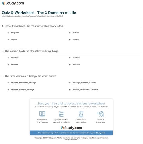 Quiz Worksheet The 3 Domains Of Life Study — Db