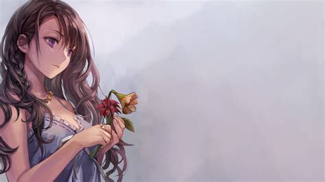 Simple Background Flowers Long Hair Anime Anime Girls Brunette Original