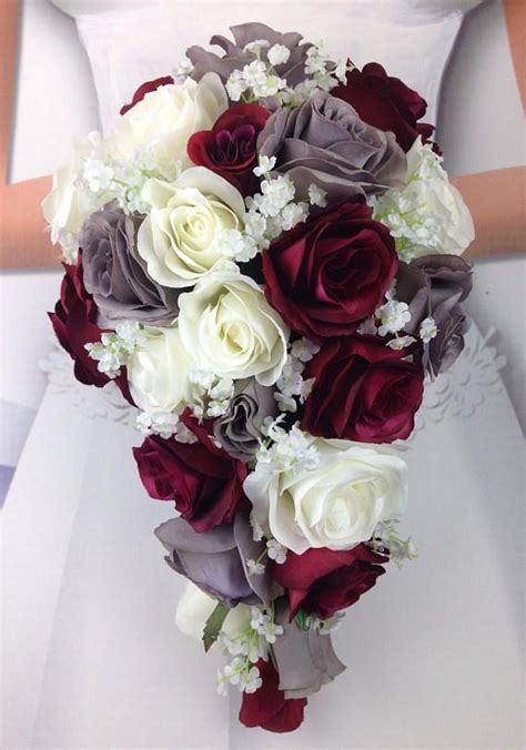 A bold and fun fall faux flower arrangement of neutral. New Artificial Burgundy, Gray, and White Wedding Flowers ...