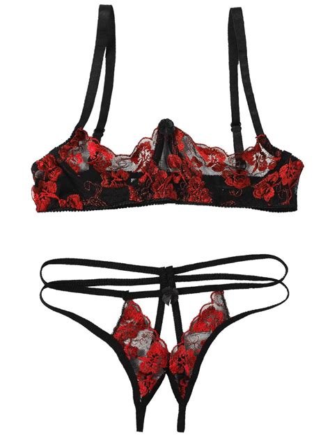 YEAHDOR Womens Embroidery Lace Lingerie Set Push Up Shelf Bra With