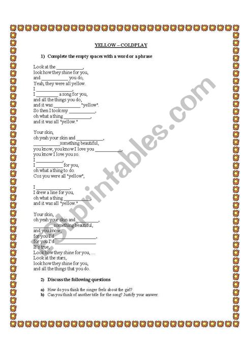 English Worksheets Yellow Coldplay