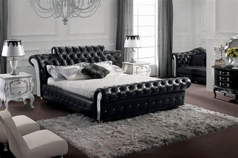 Modern Black Tufted Leatherette Bed With Crystals On The Headboard