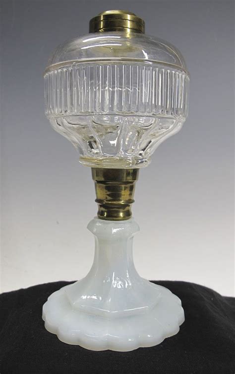 Antique 19th C EAPG Pressed Clear Font Oil Lamp Custard Milk Glass Base