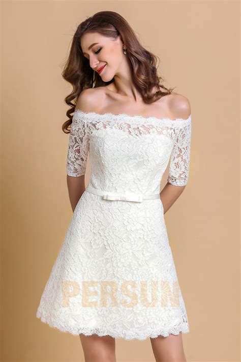 ❤ top qualität & günstiger preis. Chic Ivory Column Bateau Short Lace Wedding Dress with ...