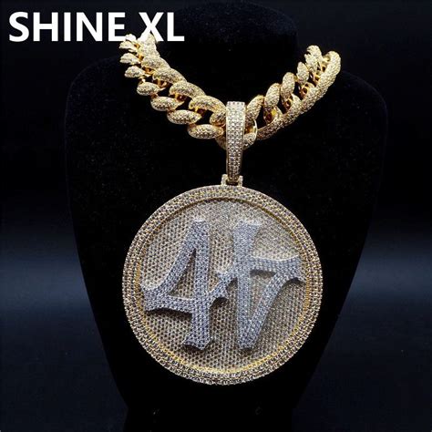 Wholesale Iced Out Big Round Spinner Number 44 Pendant Necklace Gold Plated Mens Hip Hop Bling