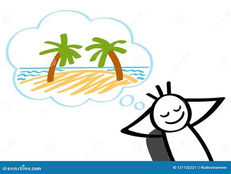 Stick Man Dreaming Of Tropical Island Vacation Leaning Back In Office