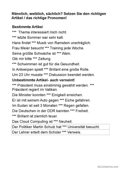 Bung Zur Bestimmung Des Artikels Deutsch Daf Arbeitsbl Tter Pdf Doc