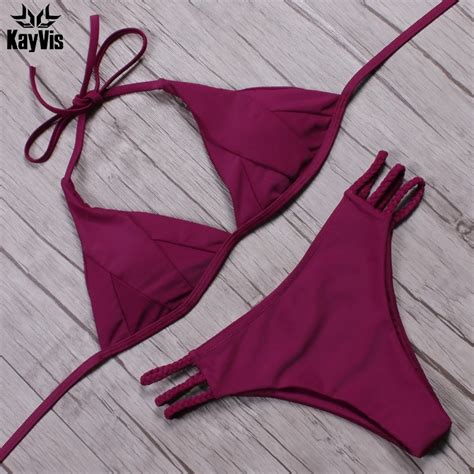 Kayvis Girls Bikini Sexy Retro Swimsuit Solid Vintage Swimming Suit Halter Female Swimwear 2019