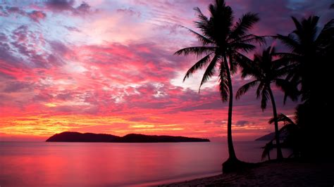 Download 1920x1080 Malaysia Sunset Beach Palms Island Red Sky