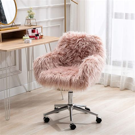Buy Fluffy Office Desk Chair Faux Fur Modern Swivel Armchair With Wheels Soft Comfy Fuzzy