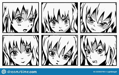 Caras De Anime Girl Caracteres De Estilo Manga En Blanco Y Negro