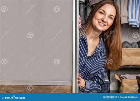 Portrait Happy Domestic Woman Posing Wardrobe Storage Organization Wooden Furniture Cabinet