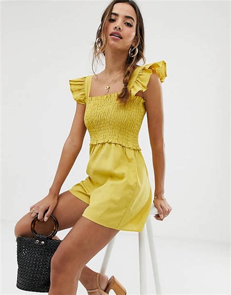 Asos Design Shirred Playsuit With Frill Sleeve Asos