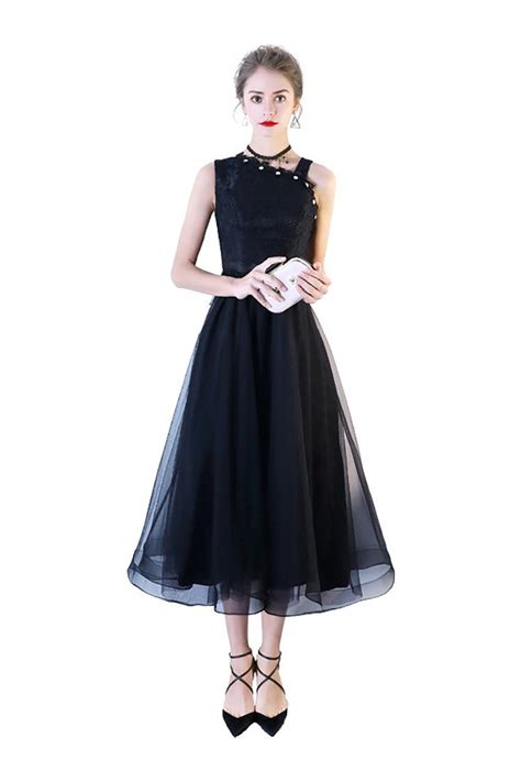 Black Lace Tulle Midi Party Dress With Irregular Shoulder 789768