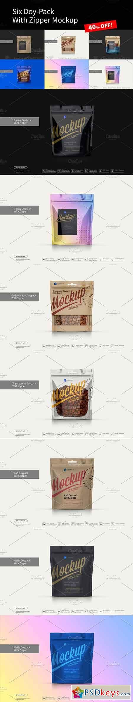 This mockup allows you to quickly display your designs in a realistic scene. Six Doy-Pack Mockup 3284888