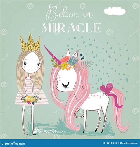 Little Cartoon White Fairytale Unicorn With Princess Stock Vector