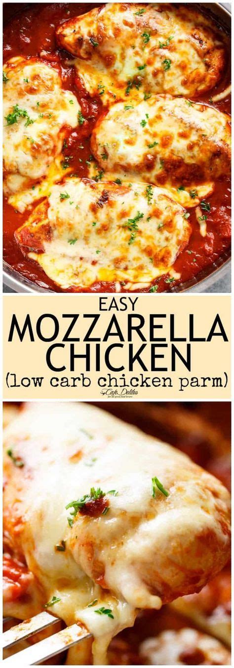 Add tomato sauce to skillet with chicken, when sauce reaches a simmer, lower heat, cover to fully heat sauce. Easy Mozzarella Chicken is a low carb dream! Seasoned ...