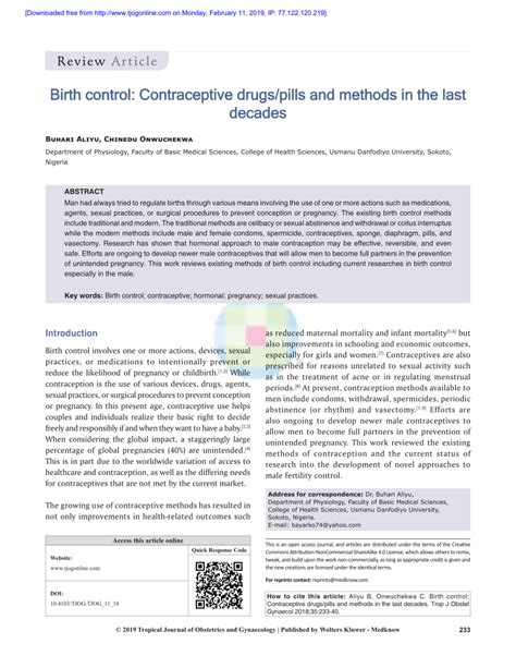 Pdf Birth Control Contraceptive Drugspills And Methods In The Last