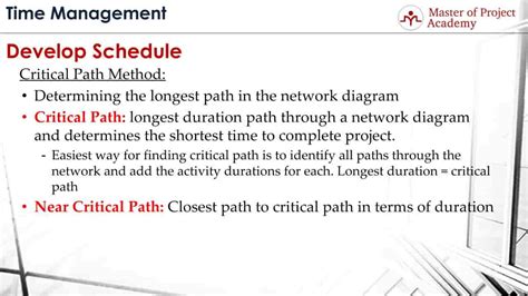 Project critical path can be defined is either a sequence of dependent tasks necessary to complete the project resulting in the largest duration, or alternative definition, the sequence of dependent tasks necessary to complete the project. Critical path - Master of Project Academy Blog