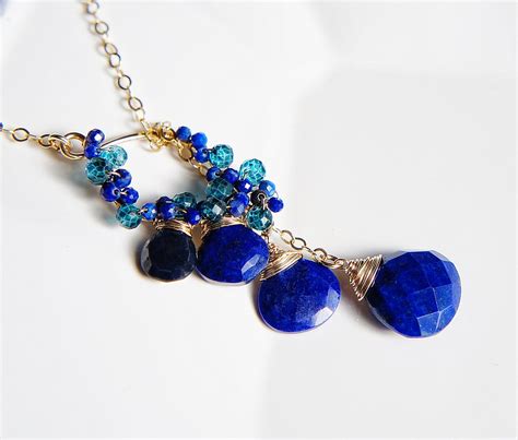 Lapis Lazuli Lariat Necklace Navy Blue Gemstone Jewelry Gold Etsy