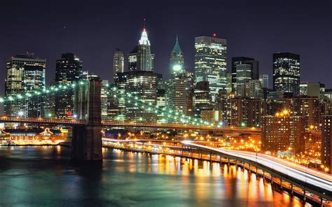 Download Wallpaper New York Brooklyn Bridge Night Lights By