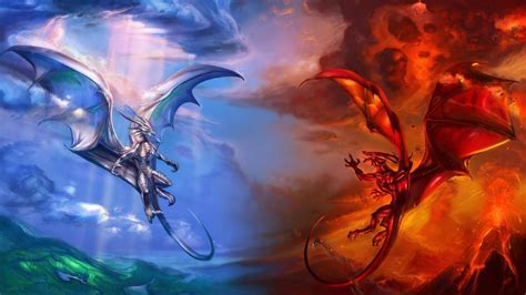 Ice Dragon Vs Fire Dragon World Of Fantasy Art Design Hd Wallpaper