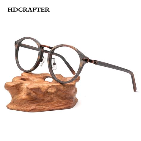 Hdcrafter Prescription Eyeglasses Frames For Men And Women Retro Round Wood Grain Optical