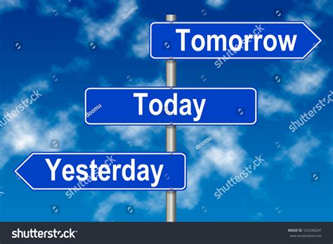 Yesterday Tomorrow Today Traffic Sign On A Sky Background Stock Photo