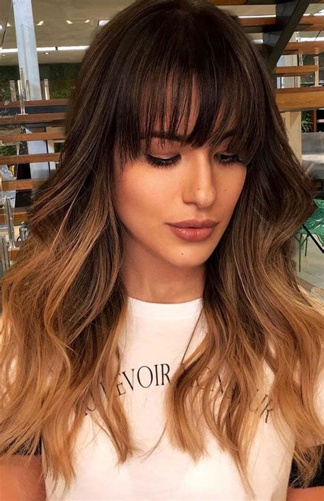 70 Hottest Brown Hair Colour Shades For Stunning Look Bangs And Dark Hair With Lightened