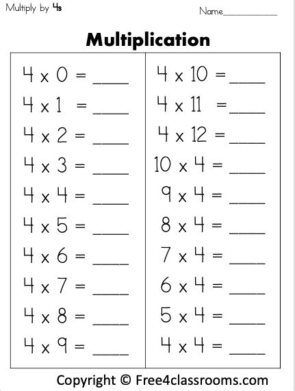 Free Multiplication Worksheet Multiply By 4s Free4classrooms