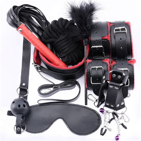 10 pcs set women leather plush bdsm bondage sex handcuffs whip blindfold mask rope erotic sex