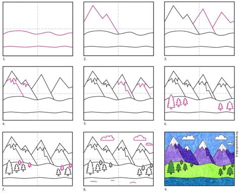 Easy How To Draw Mountains Tutorial And Mountains Coloring Page
