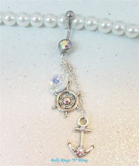 Anchor Bellybutton Ring With Wheel Anchor And Heart In Swarovski Ab Crystals By