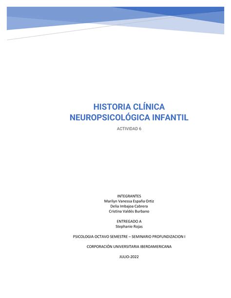Actividad Historia Cl Nica Neuropsicol Gica Infantil Historia