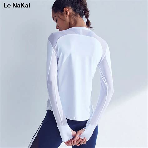 Le Nakai Mesh Workout Yoga Top Shirt For Women Activewear Long Sleeve Sports Shirt White