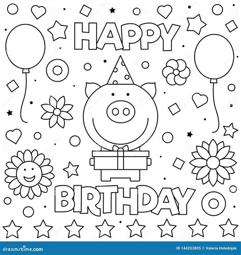 Happy Birthday Coloring Page Vector Illustration Of Pig Stock Vector