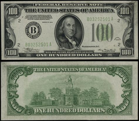100 dolarów, 1934, seria B03252501A, podpisy Julian i Morgenthau