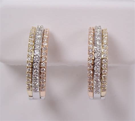14K White Yellow Rose Gold Diamond Hoop Earrings Tri Color Gold