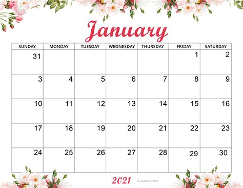 Cute January 2021 Calendar Template Zudocalendrio