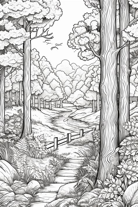 Premium Ai Image A Drawing Of A Forest Scene With A Path Through The