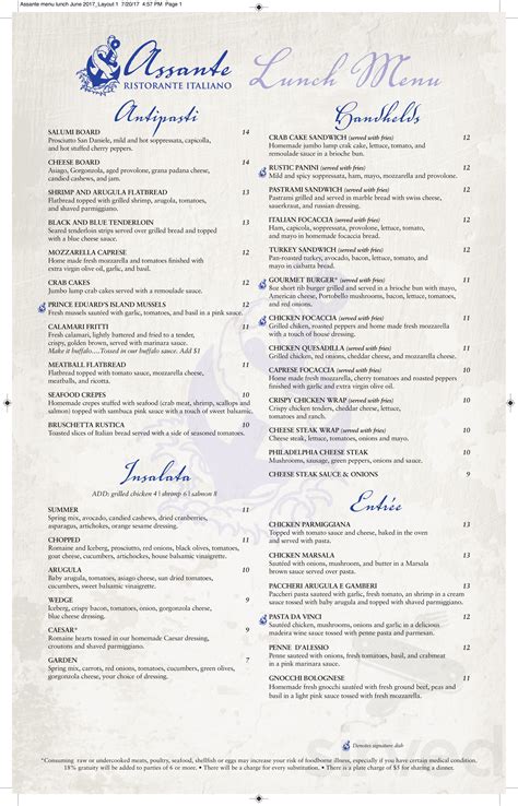 Assante Ristorante Italiano menu in Northampton, Pennsylvania, USA