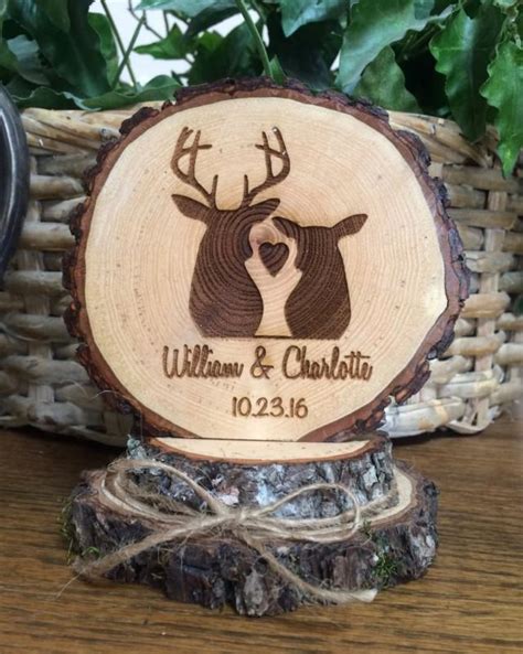 Rustic Wedding Cake Topper Engraved Wedding Topper Deer Couple Topper