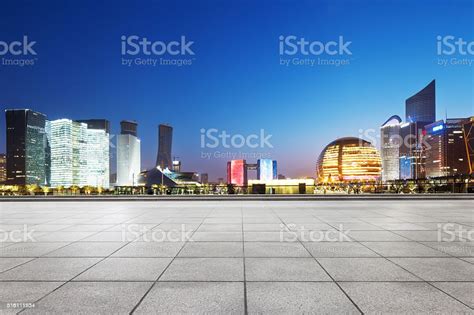 Empty Marble Floor With Cityscape And Skyline Of Hanghzou Stock Photo