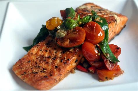 Grilled Salmon With Grilled Tomatoes Basil And Caper Salad I