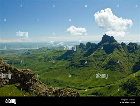 View Of Cathedral Peak From Top Of Drakensberg Mountains Stock Photo