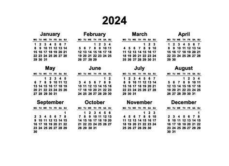 2024 Monday Start Horizontal Black And White Calendar Template Simple