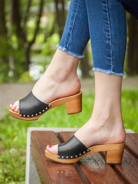Swedish High Heel Black Clogs For Women Wooden Mules Sandals Ladies